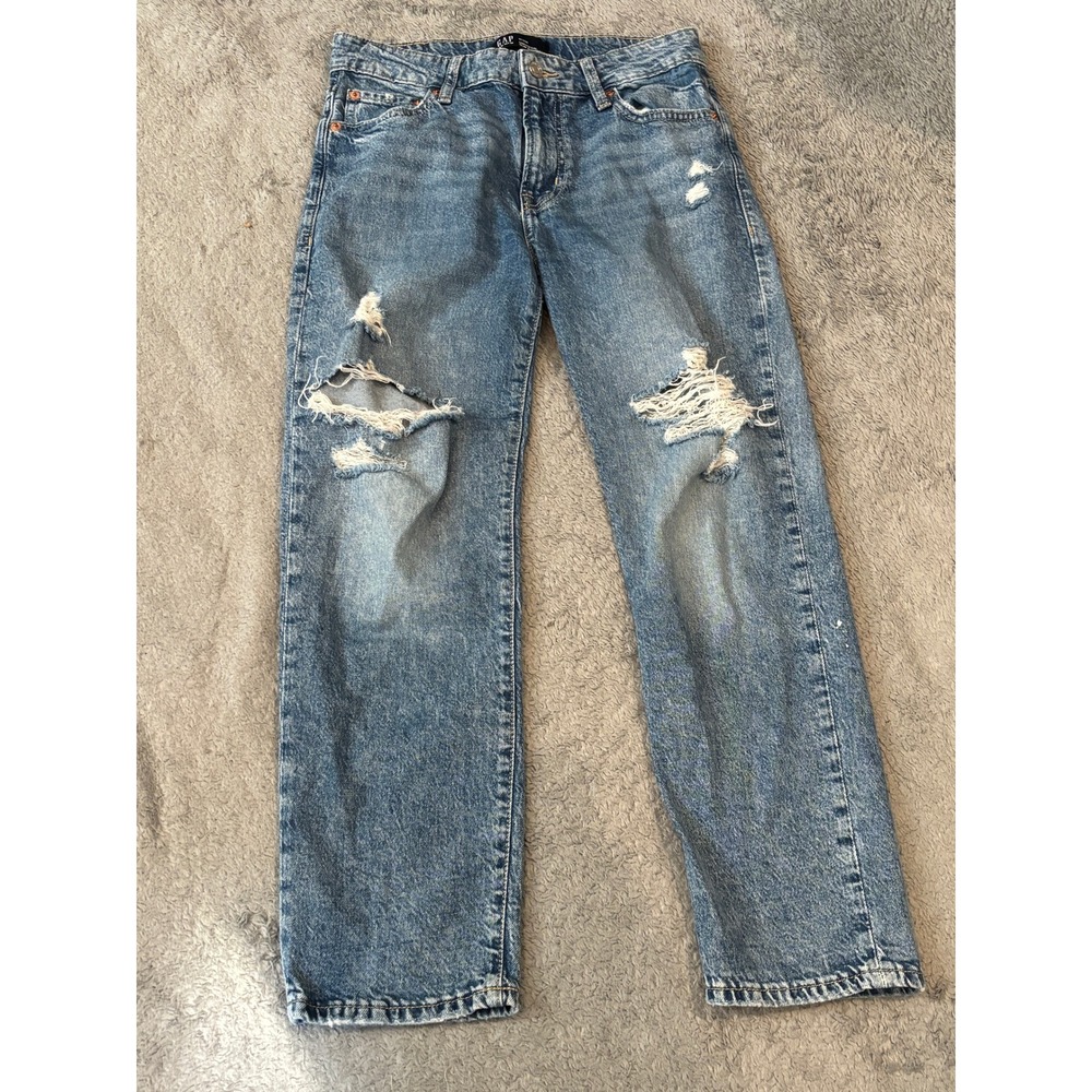 GAP Universal Slim Boyfriend Jeans Distressed Medium Wash 0/25R High Rise Denim